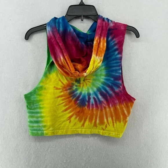 San Diego Tank Top Women's Sm Yellow Blue Tie-dye Boxy Cropped Hooded Drawstring - Picture 2 of 10